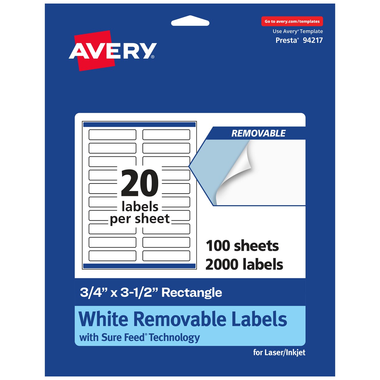 Avery Matte White Removable Rectangle Labels with Sure Feed Technology, Print-to-the-Edge, .75" x 3.5"